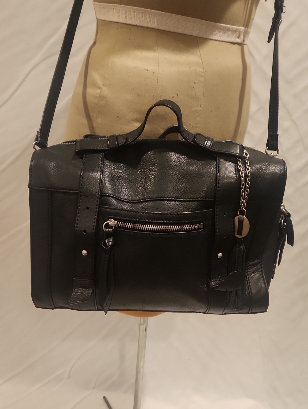 Crown Vintage Black Leather Shoulder Bag with Tassel Charm